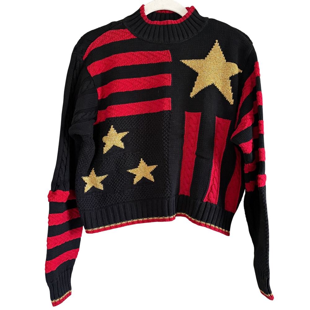 Vintage 90s Lizwear Black Stars Stripes Cropped Boxy Sweater Size Small USA Made